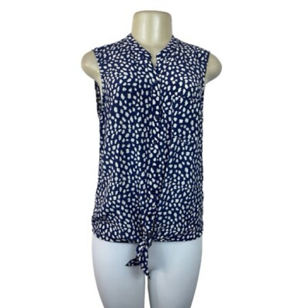 Joie Navy and White Patterned Sleeveless Blouse 100% Silk
